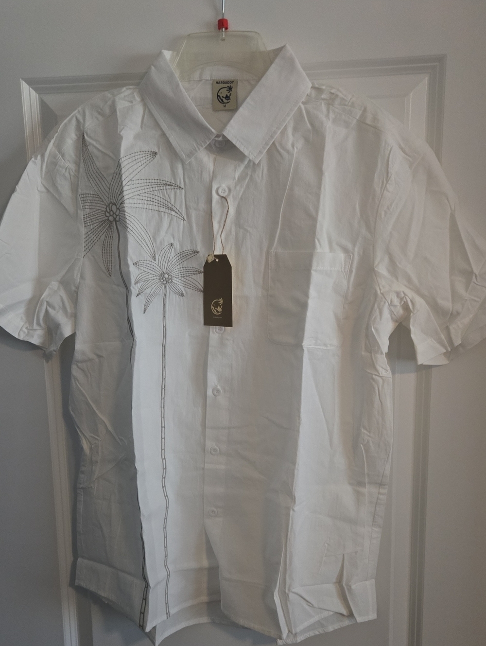 Men's White Short-Sleeve Button-Up Shirt with Palm Tree Stitch Detail